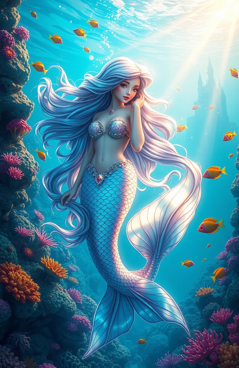 A stunning fantasy scene featuring a mermaid with flowing iridescent scales and long, wavy hair that shimmers in various colors as it floats underwater