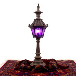 An old-fashioned lamp post emitting a vibrant purple light, elegantly positioned atop a richly designed Persian rug