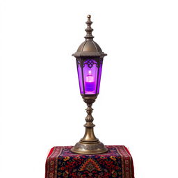 An old-fashioned lamp post emitting a vibrant purple light, elegantly positioned atop a richly designed Persian rug