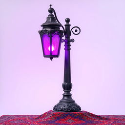 An old-fashioned lamp post emitting a vibrant purple light, elegantly positioned atop a richly designed Persian rug