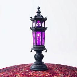 An old-fashioned lamp post emitting a vibrant purple light, elegantly positioned atop a richly designed Persian rug