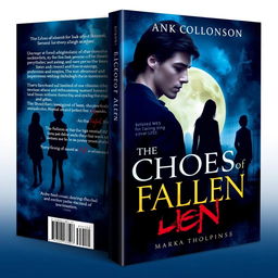 A captivating paperback book cover design for the novel 'The Echoes of Fallen', featuring the protagonist Anna Collins, a strong and emotional female character, and Mark Thompson, her mysterious love interest