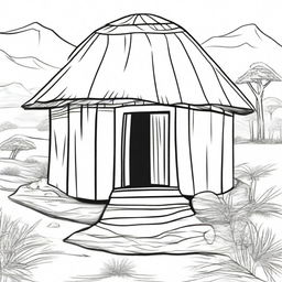 Illustration of a traditional African hut situated on a mountain in Africa.