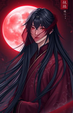 An ethereal image of Xiao Zhan, characterized by long flowing black hair cascading elegantly around him