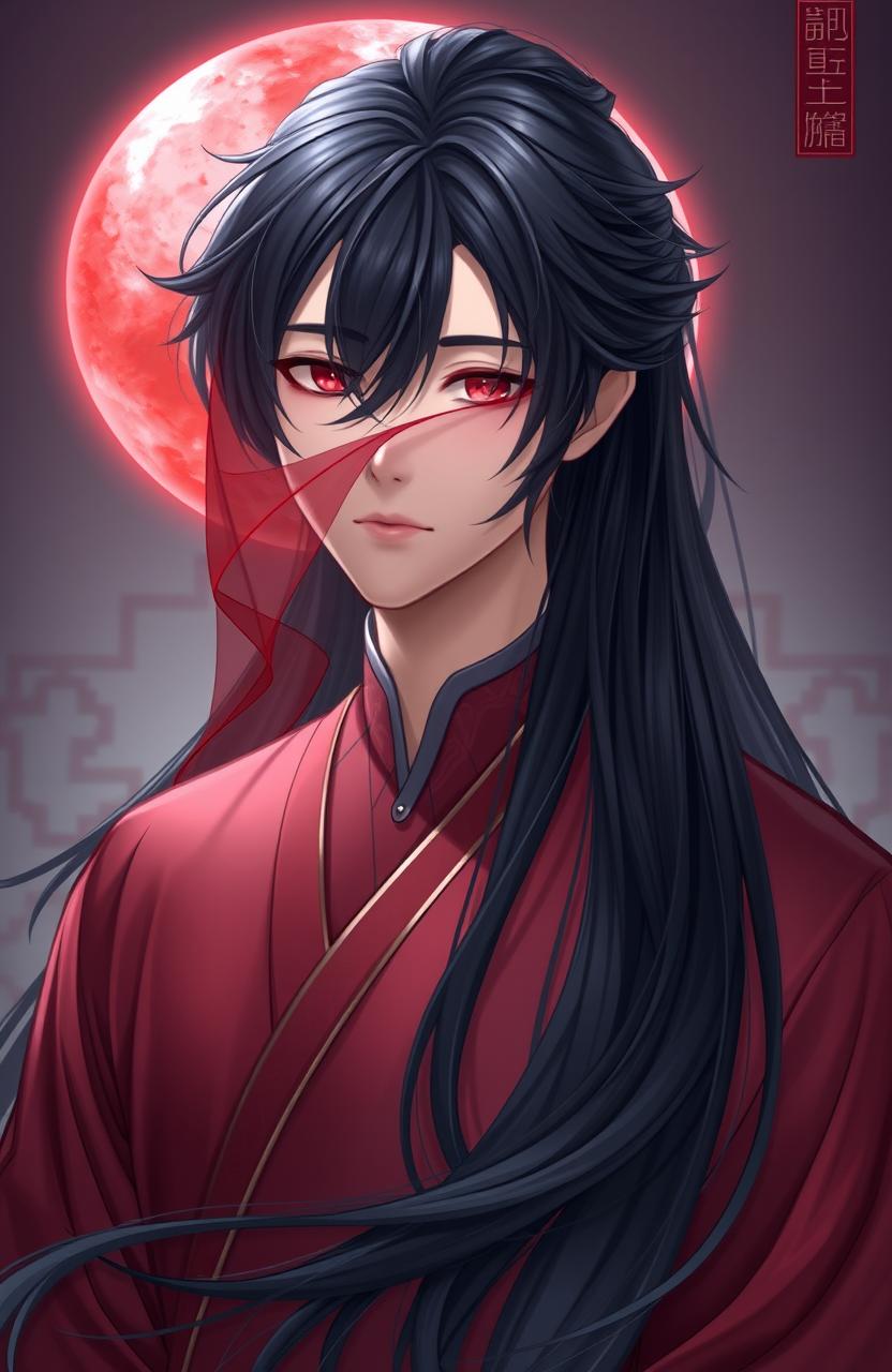 An ethereal image of Xiao Zhan, characterized by long flowing black hair cascading elegantly around him