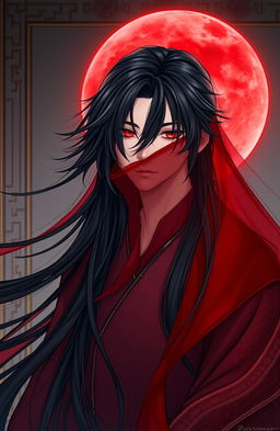 An ethereal image of Xiao Zhan, characterized by long flowing black hair cascading elegantly around him
