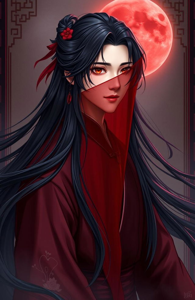 An ethereal image of Xiao Zhan, characterized by long flowing black hair cascading elegantly around him