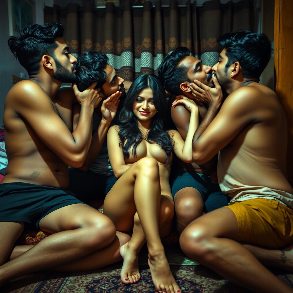 A sensual and intimate scene featuring a beautiful Indian girl with long legs, fully naked, sitting in a cozy hostel room