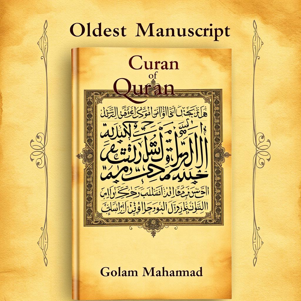 A visually striking book cover for a research book titled 'Oldest Manuscript of Quran', featuring a detailed depiction of an ancient manuscript page adorned with intricate calligraphy and ornate patterns