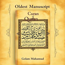 A visually striking book cover for a research book titled 'Oldest Manuscript of Quran', featuring a detailed depiction of an ancient manuscript page adorned with intricate calligraphy and ornate patterns