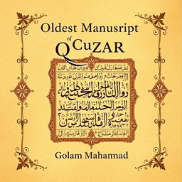 A visually striking book cover for a research book titled 'Oldest Manuscript of Quran', featuring a detailed depiction of an ancient manuscript page adorned with intricate calligraphy and ornate patterns