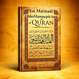 A visually striking book cover for a research book titled 'Oldest Manuscript of Quran', featuring a detailed depiction of an ancient manuscript page adorned with intricate calligraphy and ornate patterns