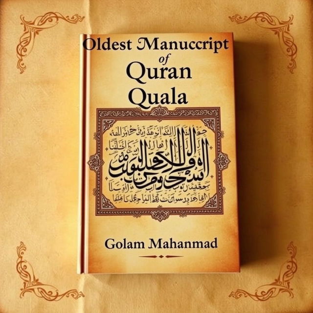 A visually striking book cover for a research book titled 'Oldest Manuscript of Quran', featuring a detailed depiction of an ancient manuscript page adorned with intricate calligraphy and ornate patterns