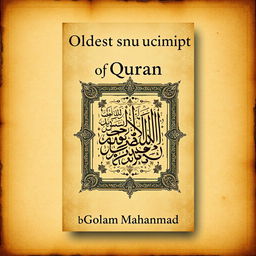 A book cover design for a research book titled 'Oldest Manuscript of Quran' with the author's name Golam Mahammad