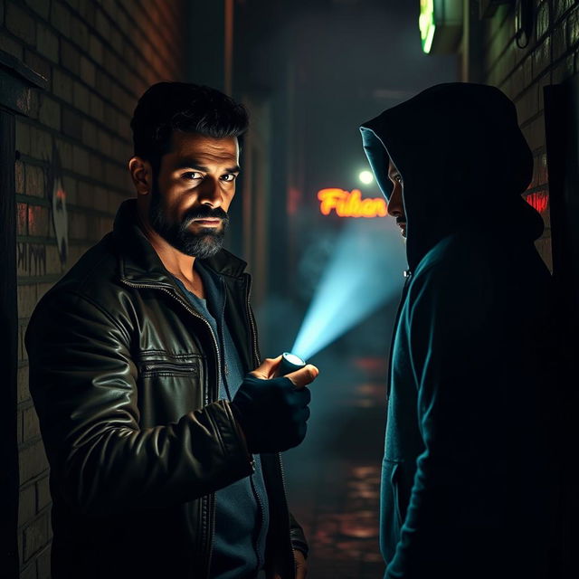 A suspenseful scene from an Indian crime thriller movie, showcasing a dramatic confrontation between a cunning detective and a notorious criminal in a dimly lit alley