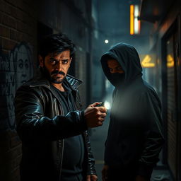A suspenseful scene from an Indian crime thriller movie, showcasing a dramatic confrontation between a cunning detective and a notorious criminal in a dimly lit alley