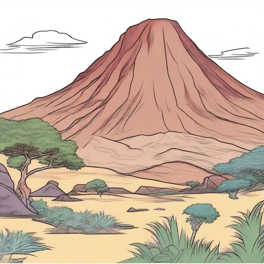 Full color illustration of a solitary mountain in Africa.