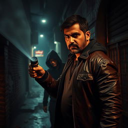 A suspenseful scene from an Indian crime thriller movie, showcasing a dramatic confrontation between a cunning detective and a notorious criminal in a dimly lit alley