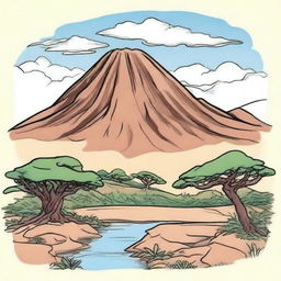 Full color illustration of a solitary mountain in Africa.