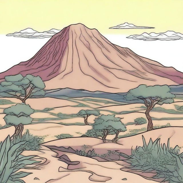 Full color illustration of a solitary mountain in Africa.