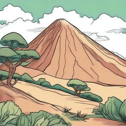 Full color illustration of a solitary mountain in Africa.