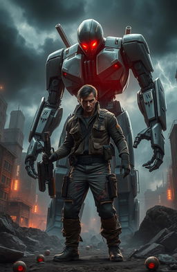 A dramatic and intense scene depicting the last human combatant against a towering, imposing robot in a dystopian future