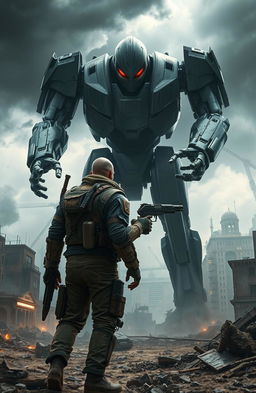 A dramatic and intense scene depicting the last human combatant against a towering, imposing robot in a dystopian future
