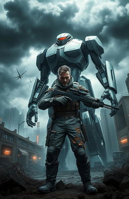 A dramatic and intense scene depicting the last human combatant against a towering, imposing robot in a dystopian future