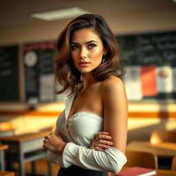 A sensual and artistic representation of a teacher in a classroom setting, emphasizing the beauty of the figure while maintaining elegance and allure