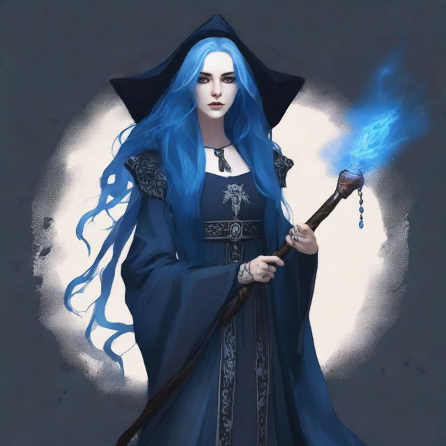 Generate an image of a long, blue-haired goth woman who is also a wizard, adorned in dark, intricate robes and wielding a magical staff