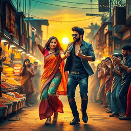 A vibrant and energetic scene from an Indian crime thriller movie's song, featuring a lively dance sequence set in a bustling Indian marketplace