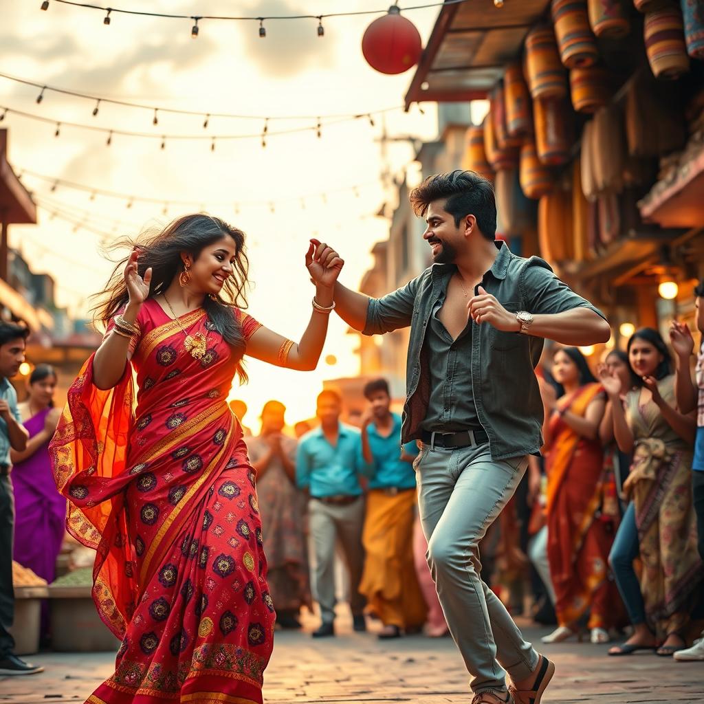 A vibrant and energetic scene from an Indian crime thriller movie's song, featuring a lively dance sequence set in a bustling Indian marketplace