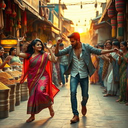 A vibrant and energetic scene from an Indian crime thriller movie's song, featuring a lively dance sequence set in a bustling Indian marketplace