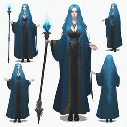 Generate an image of a long, blue-haired goth woman who is also a wizard, adorned in dark, intricate robes and wielding a magical staff