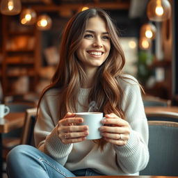 A cheerful woman in her early 30s with long, flowing brown hair, wearing a casual outfit consisting of a light sweater and jeans, sitting in a cozy café adorned with warm lighting and wooden furniture