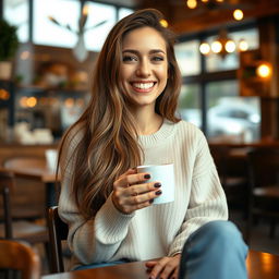 A cheerful woman in her early 30s with long, flowing brown hair, wearing a casual outfit consisting of a light sweater and jeans, sitting in a cozy café adorned with warm lighting and wooden furniture