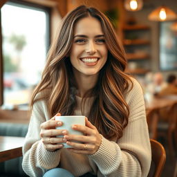 A cheerful woman in her early 30s with long, flowing brown hair, wearing a casual outfit consisting of a light sweater and jeans, sitting in a cozy café adorned with warm lighting and wooden furniture