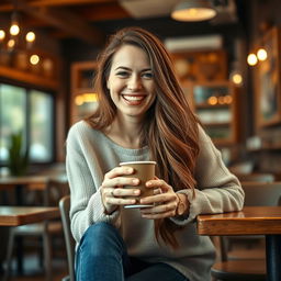 A cheerful woman in her early 30s with long, flowing brown hair, wearing a casual outfit consisting of a light sweater and jeans, sitting in a cozy café adorned with warm lighting and wooden furniture
