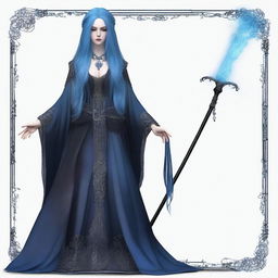 Generate an image of a long, blue-haired goth woman who is also a wizard, adorned in dark, intricate robes and wielding a magical staff