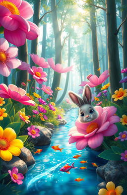 A vibrant, whimsical forest filled with oversized flowers in vivid colors like pink, purple, and yellow