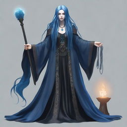 Generate an image of a long, blue-haired goth woman who is also a wizard, adorned in dark, intricate robes and wielding a magical staff