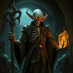 A wizened, half-skeletal elven necromancer stands in a dimly lit, ancient crypt