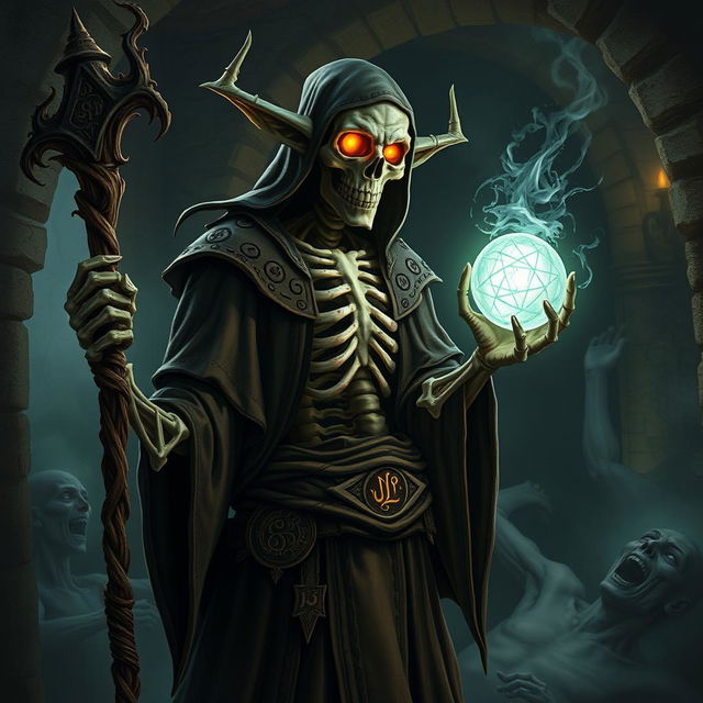 A wizened, half-skeletal elven necromancer stands in a dimly lit, ancient crypt