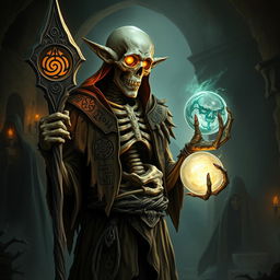 A wizened, half-skeletal elven necromancer stands in a dimly lit, ancient crypt