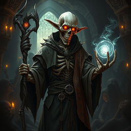 A wizened, half-skeletal elven necromancer stands in a dimly lit, ancient crypt