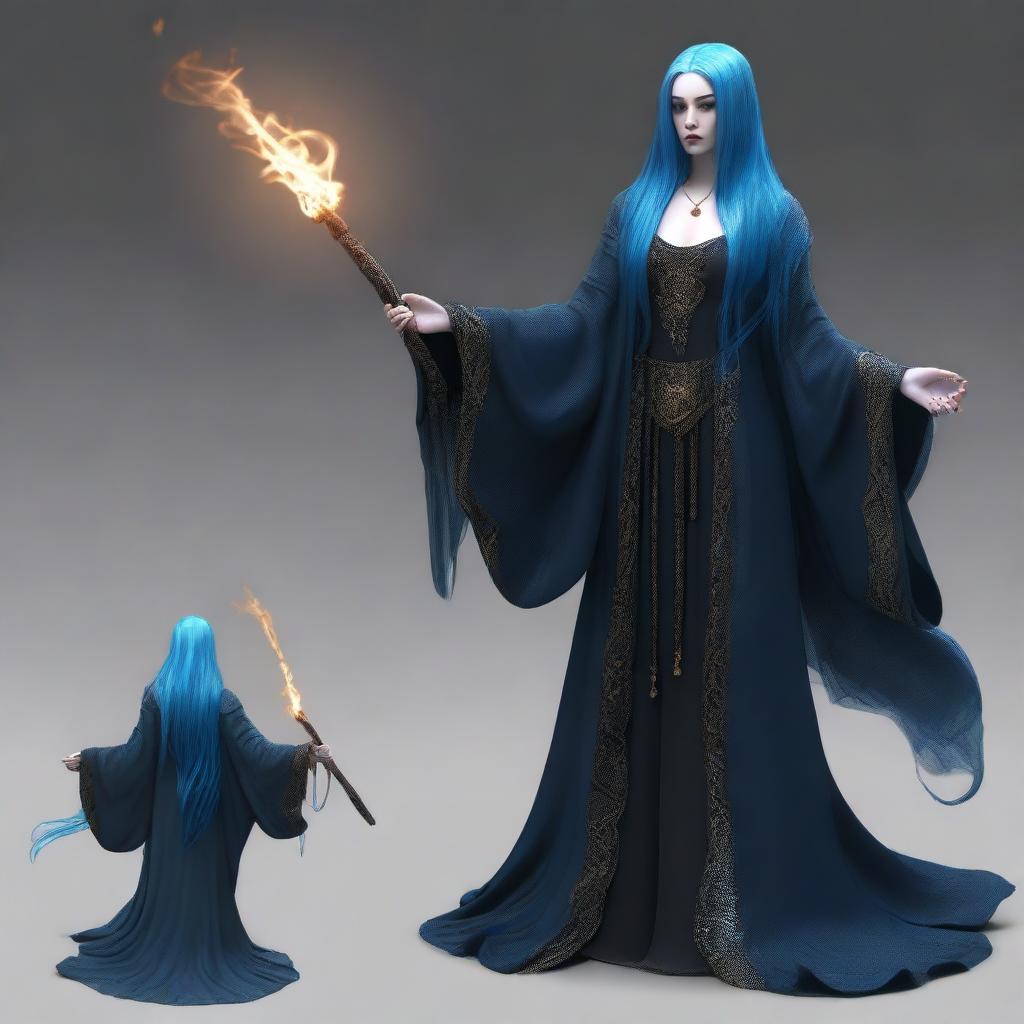 Generate a realistic image of a human woman with long, blue hair in goth style, who is a wizard, draped in dark, elaborate robes and brandishing a mystical staff