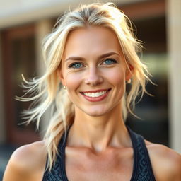 A 35-year-old woman with light blonde hair, minimal makeup, and a sporty figure