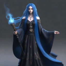 Generate a realistic image of a human woman with long, blue hair in goth style, who is a wizard, draped in dark, elaborate robes and brandishing a mystical staff