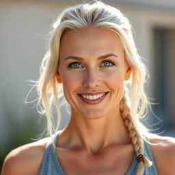 A 35-year-old woman with light blonde hair, minimal makeup, and a sporty figure