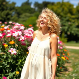A woman in her late 30s with vibrant, curly blonde hair, laughing joyfully in a sunny park filled with blooming flowers of various colors